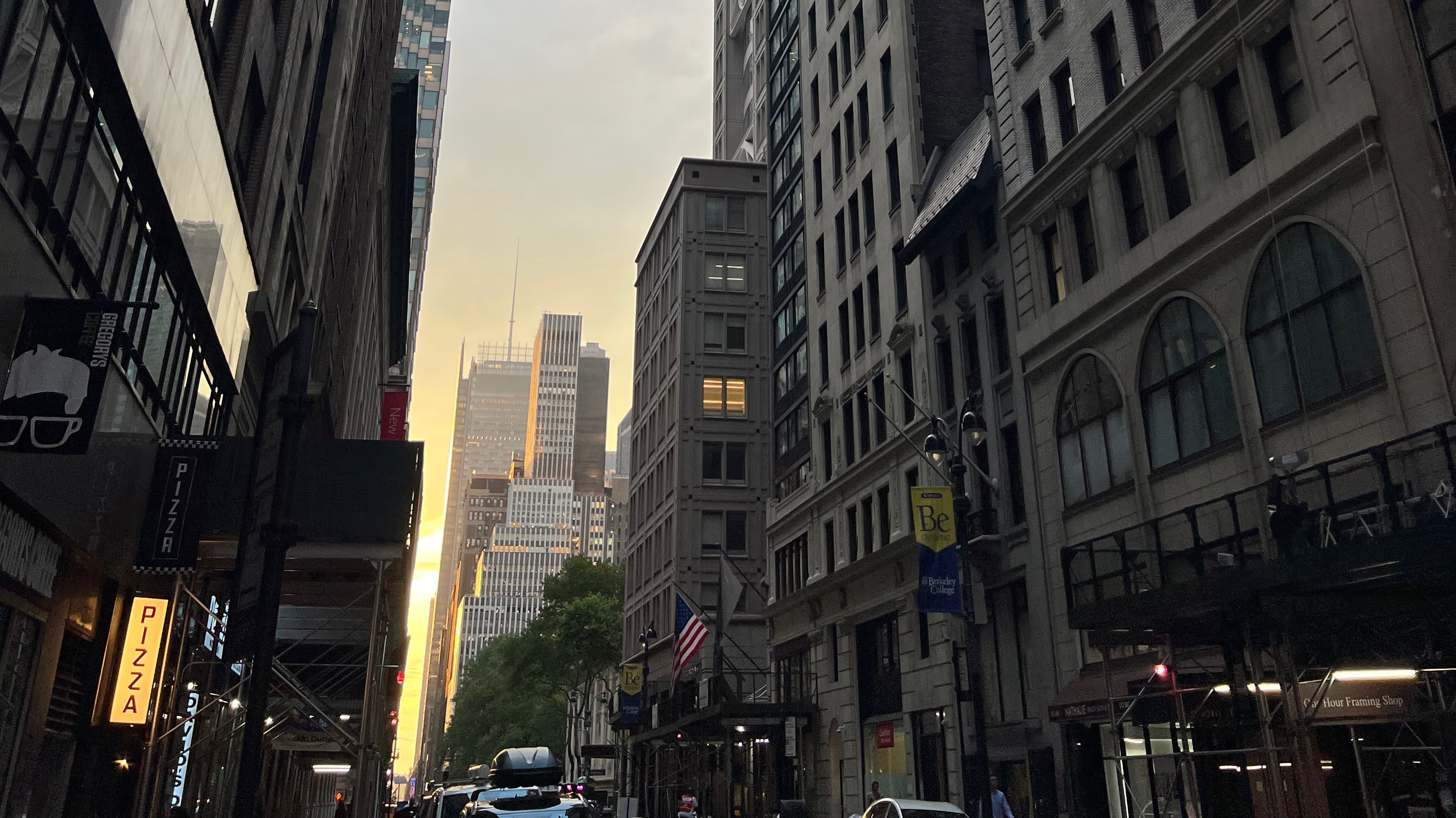 A view looking west at the sunset from E 40th St in NYC